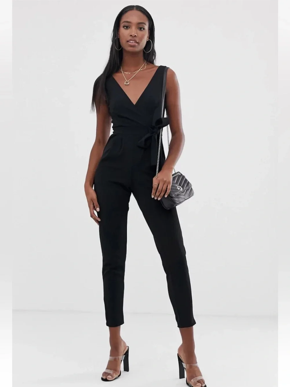 ASOS Black Sleeveless V-Neck Crop Jumpsuit with Waist Tie Size 2